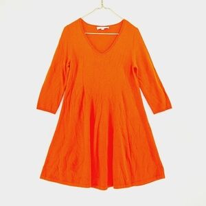 LOFT Solid Red Orange Lightweight Sweater V Neck 3/4 Sleeve A Line Dress